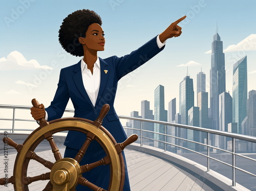 The image of a female leader and mentor. A businesswoman at the helm, pointing the way