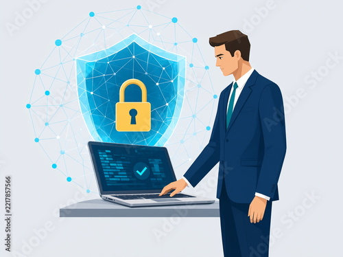 A businessman stands next to a laptop secured with a padlock; a cybersecurity illustration