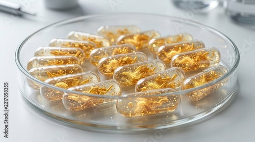 Transparent capsules with golden glitter inside arranged neatly on a laboratory dish