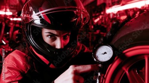 Woman wearing full face helmet looks intensely at motorcycle gauge