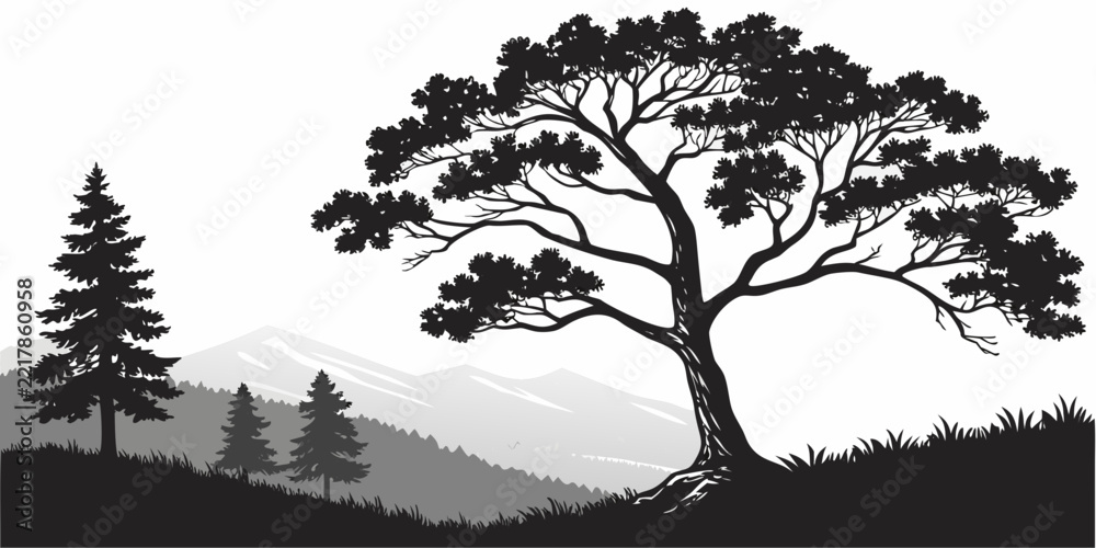 Fototapeta premium Landscape in black and white featuring a large tree on a grassy slope with pine trees and distant mountain ranges
