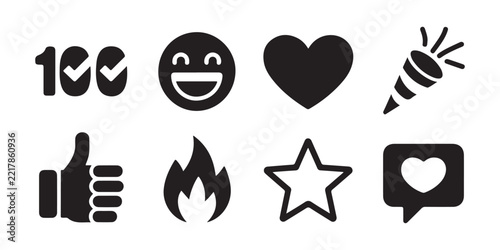 set of black social media icons including 100 with checkmarks, happy face, heart, party popper.