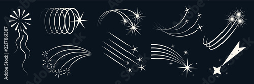 Black y2k falling shooting star pattern vector. Celestial night sky comet trail logo icon illustration. Flat white space confetti sparkle meteor silhouette decoration. Abstract galaxy motion graphic.