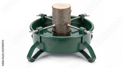 Green Christmas tree stand with trunk isolated on white background.