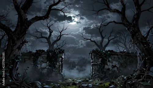Eerie night landscape with creepy dead trees, stone ruins, and full moon