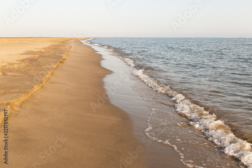 Plage de sable fin doré déserte bordée de petites vagues sous une lumière douce