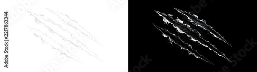 Diagonal claw scratch marks with four deep torn grooves and rough ripped edges on black surface for horror designs in PNG, Transparent and Black Background Versions