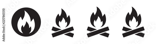 Campfire silhouette icons with wood logs for outdoor camping and forest survival adventure design.