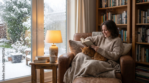 Cozy woman reading book with cat on lap in armchair by snowy window