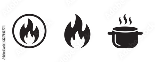 Hot cooking pot and fire flame icons for kitchen food preparation and restaurant menu design logo.