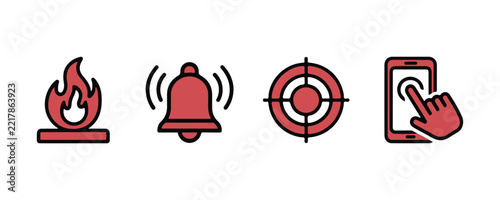 alert notification icons set including fire bell target and mobile phone with finger tap.