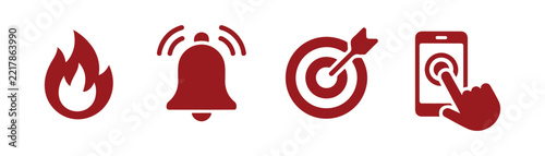 alert notification icons set with solid red shapes representing fire bell and target mobile.