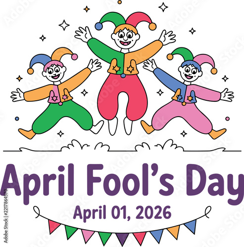 April Fools Day Vector Illustration with Jester Characters and Bunting Banner for Festival Design