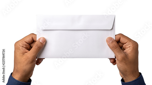 Envelope with a rounded flap held by two hands in navy blue sleeves shown as an isolated PNG with transparent background