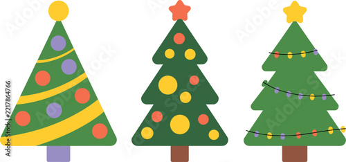 Christmas Tree Vector Icon Set with Festive Ornaments and Garland Lights for Holiday Design