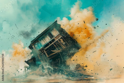 Dramatic explosion of wooden house in mid-air