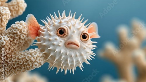 Side view of pufferfish inflated like a balloon stuck between two corals, looking embarrassed. Funny sea life photo for ocean and humor content.