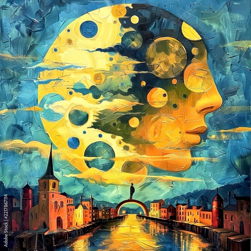 A dreamlike cityscape under a vibrant sky. The artwork features a large moon reflecting creativity and thought. A blend of colors creates a magical atmosphere. Perfect for art lovers. AI