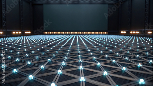 Futuristic digital grid with glowing blue nodes on dark background, representing advanced technology and connectivity