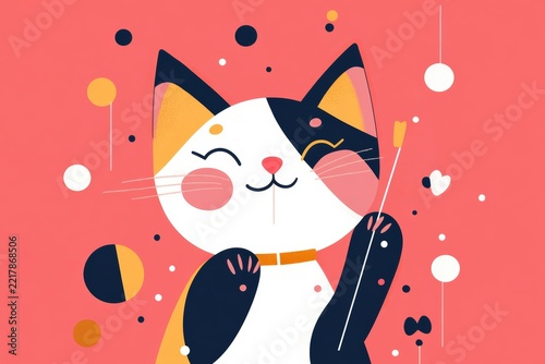 Playful cartoon cat with whiskers on pink background