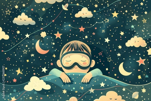 Child dreaming among stars and clouds in night sky