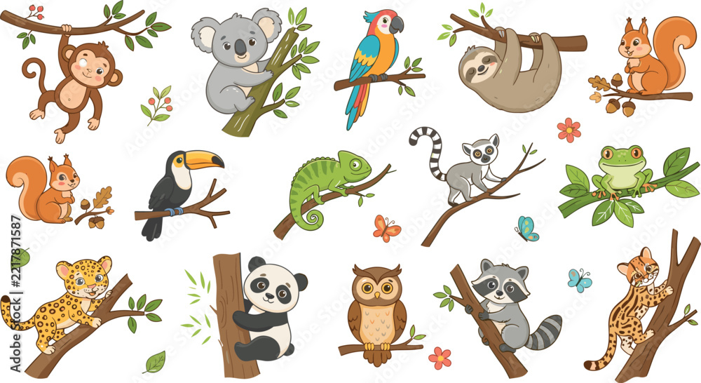 Fototapeta premium Wild Animals Cartoon Collection with Jungle and Forest Creatures on Branches and White Background