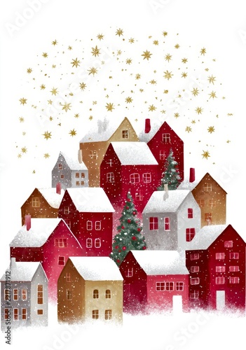 A charming winter village scene with red houses under a snowfall. The rooftops are covered in white snow and decorated with Christmas trees. Perfect for holiday themes and festive decorations. AI