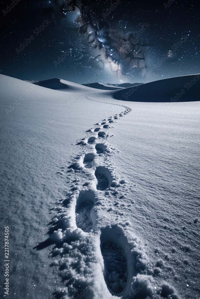 Fototapeta premium Human footprints lead through deep snow across arctic desert under bright milky way galaxy. Lone trail winds between white sand dunes under starry night sky. Cold winter wilderness landscape with