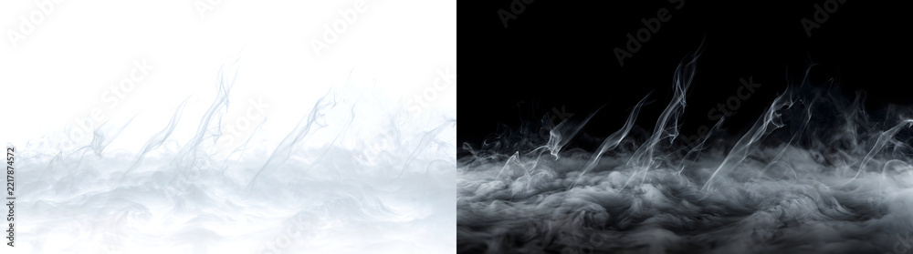 Fototapeta premium Layer of low white fog with tall slanted smoke wisps rising from the surface for horror and atmospheric designs in PNG, Transparent and Black Background Versions
