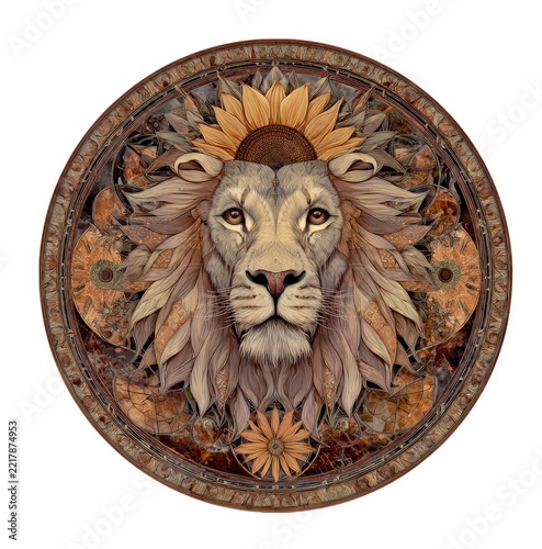 A majestic lion with a sunflower crown. This artwork blends nature and elegance. Perfect for illustrations, wall decor, and artistic themes. Captured in a circular design. AI