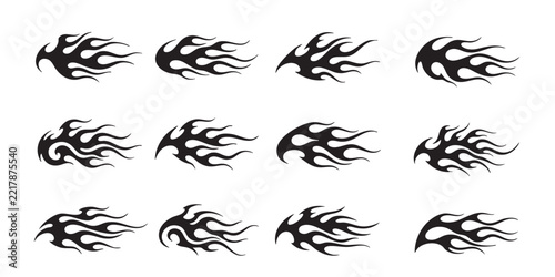 Set of black tribal flame vector icons, dynamic fire tattoo silhouette elements and flaming graphic symbols for design
