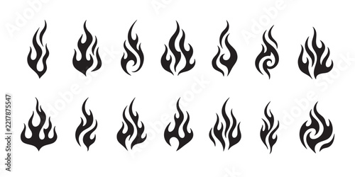 Set of black tribal flame vector icons, vertical fire tattoo silhouette elements, abstract burning flame graphic collection for design