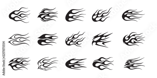 Set of black tribal flame vector swooshes, horizontal speed fire tattoo silhouette elements and flaming graphic icons for design