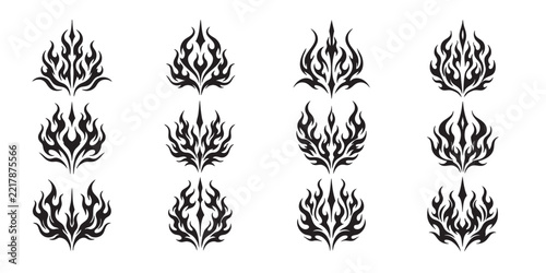 Set of black tribal flame emblems, symmetrical fire crest vector icons, decorative tattoo logo graphic elements for design