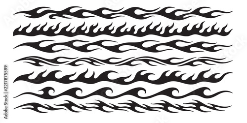 black tribal flame vector borders and seamless wave pattern lines, tattoo style fire frame graphic elements for design