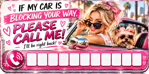 Pink Parking Contact Sign with Woman, Convertible Car and Cute Dog