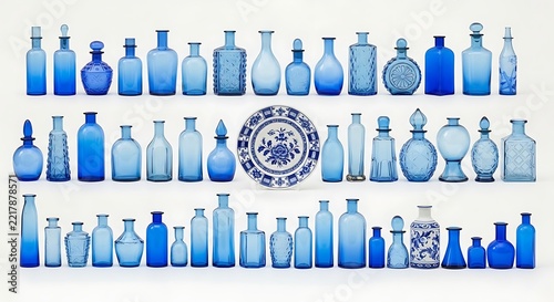 Collection of antique blue glass bottles and decorative plate on white background