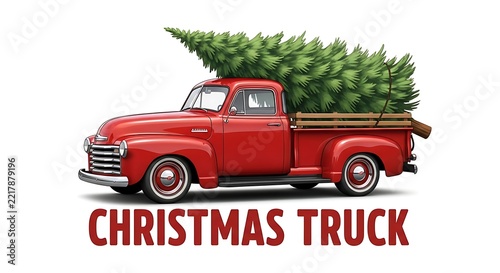 Vintage red truck carries christmas tree