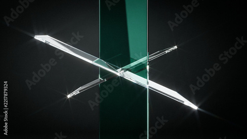 Two intersecting glass rectangular bars with a green tint against a dark black background