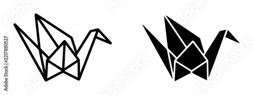 Origami crane line icon and silhouette set for paper folding and art