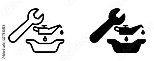 Oil change service icons with wrench, oil can and drain pan for auto repair and maintenance