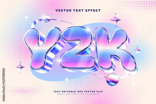 Editable vector text effect with a glossy Y2K chrome and pastel futuristic concept, suitable for posters, stickers, and promotional designs.