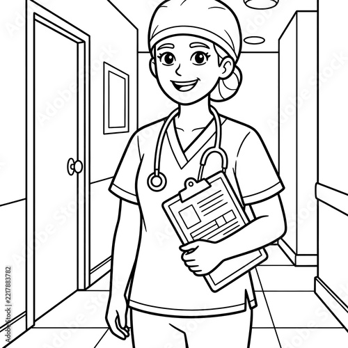 Female nurse coloring page with clipboard in hospital