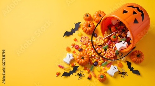 Orange jack-o-lantern bucket filled with halloween candy and scattered treats