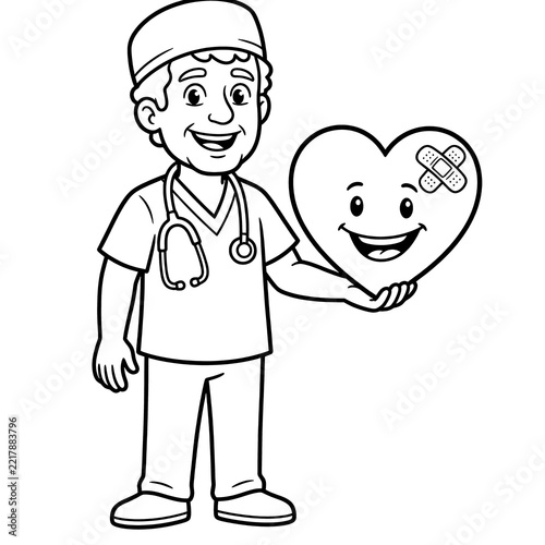Doctor holding a happy heart coloring page