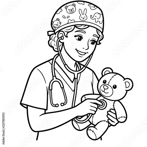 Female pediatrician coloring page with teddy bear