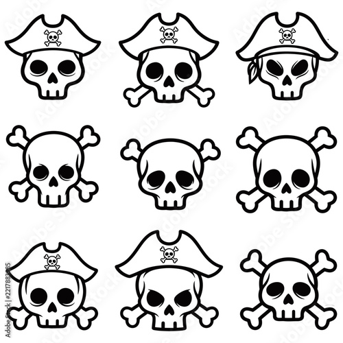 Set of pirate skull and crossbones icons isolated on white background in black and white line art