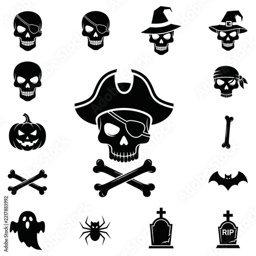 Set of black halloween icons with skulls, pirate, witch hat, ghost, tombstone and spooky elements
