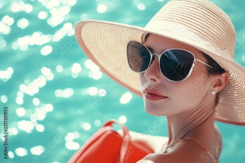 Elegant woman in sunglasses and hat by the water