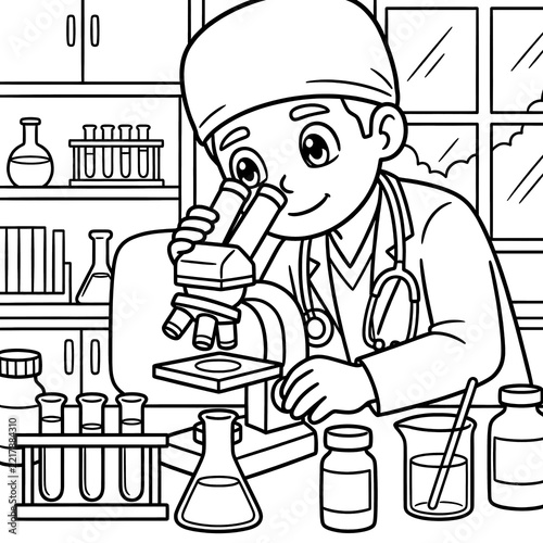 Scientist looking into microscope coloring page